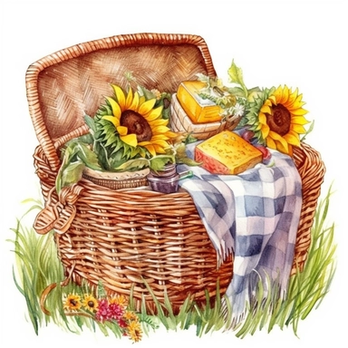 Clipart Watercolor, countryside scenery with wild vegetation around, a beautiful colorful sunflowers, they are inside a wicker basket decorated with silk ribbons, the basket on a picnic-style tablecloth, books, detailed realistic, white background