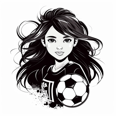 monochrom logo of a young girl, long hair, with a soccer ball, wearing soccer suit, front of goal, White background, Disney inspired, Clipart