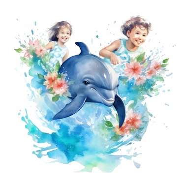 watercolor boys and girls swimming with dolphins, roses clipart on white background