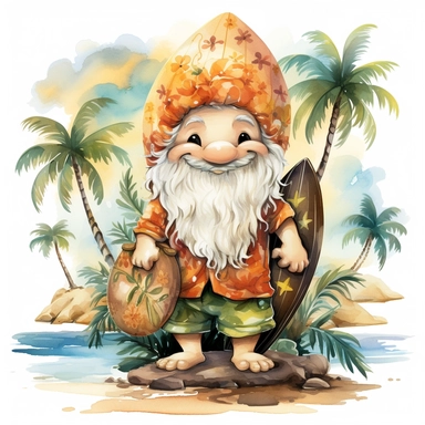 gnome on surf board in Hawaii beach outfit, vibrant color, clipart, watercolor illustration, white background
