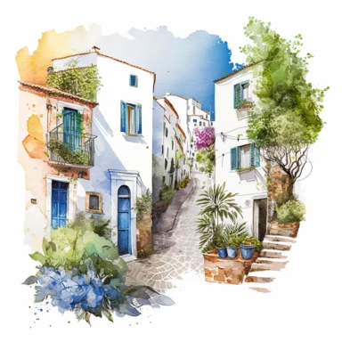 beautiful watercolor clipart of white houses on a cobbled street in a French hillside village near the Mediterranean sea, warm summer hues with blue and white, compositions on an isolated white background. Bright landscapes illustrations, highly detailed