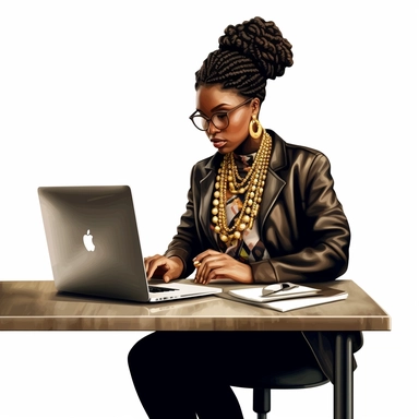 african american lady boss wearing fashionable bold clothes, sitting at the desk and working on the computer, realistic illustration, clipart, isolated on white background, 4K