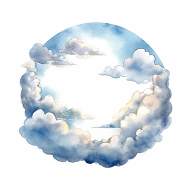 illustration of clouds with mystical circular framing, watercolor illustration clipart, painterly accents, centered, solid white background