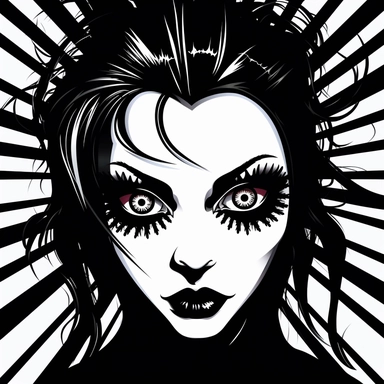 Illustrate a clipart image showcasing a goth woman with radiant eyes that shine brightly. Use a rich and diverse color palette to enhance her appearance, and ensure the image is detailed and crisp. The background should be pure white