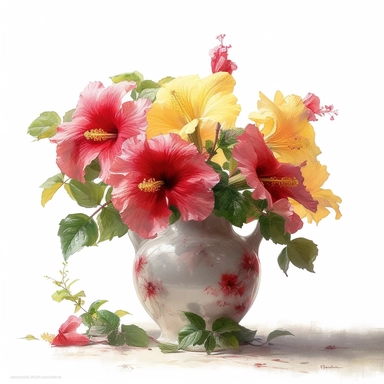a simple gorgeous ceramic vase of red, pink and yellow Hibiscus flowers and greenery on white background clipart, watercolor painting, high quality, vibrant, Vicente Romero Redondo, Willem van Aelst, Elsa Beskow