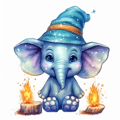 vector cute Elephant character wearing wizard custom and wizard element with happy face ,front facing on isolated background,colorful color,with happy face and expression,Animal Sublimation Clipart,no splash watercolor,white background, ultra detailed clipart, cut out image, colorful watercolor realistic, cartoon style, ultra HD, sharp and clean art