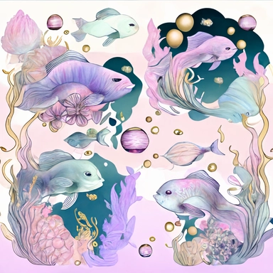 under the sea flowers and fishes elements, digi art, clipart, realistic pastel colors, light magenta and light indigo, maximalism, whimsical , subtle color gradations, gold and silver, minimalist,
