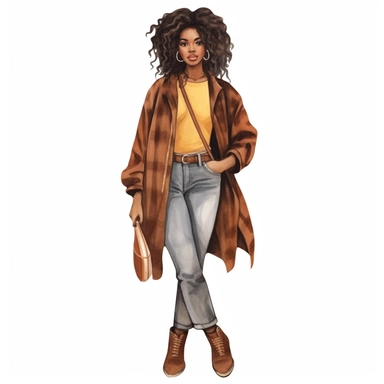 Black girl with old school fashion clothes, watercolor style, clipart solid white background