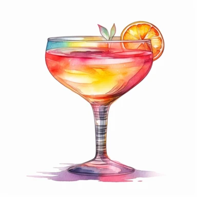 watercolor, hyper realistic, white background, white margins, 16k, ultra detailed clipart, cut out image, hand-drawn, whimsical a margarita glass filled with a sunset-inspired cocktail, featuring layers of vibrant colors like orange, pink, and yellow