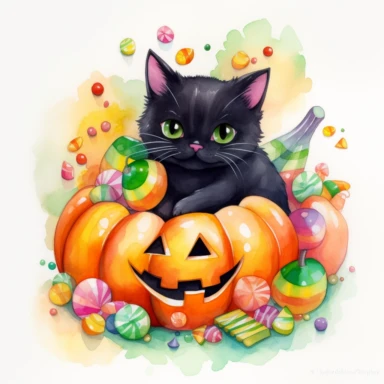 a large Halloween pumpkin, pumpkin is filled with colorful wrapped candies, lollipops, and candy corn, inside the pumpkin is a cute little black kitten with big green eyes, scattered candy is laying flat around the pumpkin, Halloween colors, magic, fantasy, watercolor, clipart style, white background with margins
