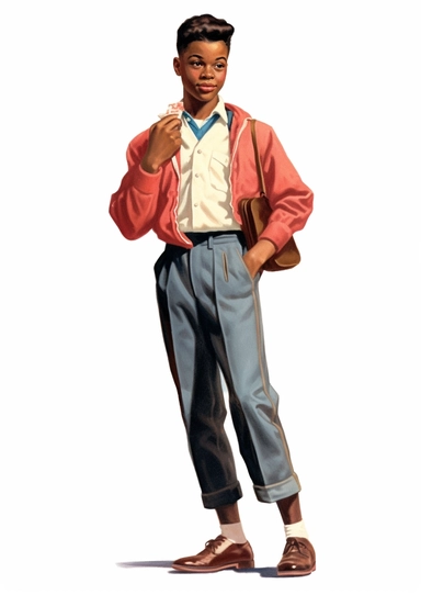 a fashionable adorable black teenage boy from the 1950s, vintage retro 1950s artwork, clipart, white background