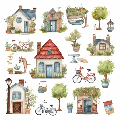 cute small houses, garden flowers and trees,cat, dog,bench, flower pots, fench,bycycle, house keys,postbox,birds,cute bettle car,outdoor lamps cliparts in hand drawn vector illustration on white background.