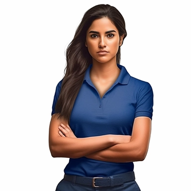 photo-realistic beautiful and angry, and physically fit Hispanic woman, age 25, wearing a royal blue polo shirt, waist level showing on white background for vector clipart