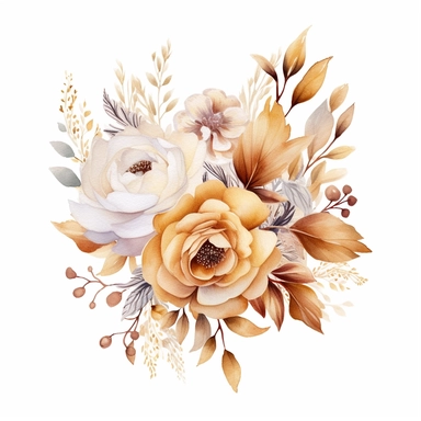 watercolor dusty gold floral composition clipart for wedding invitation card, hd, detailed, pastel color, clean line, on white background, spaced out