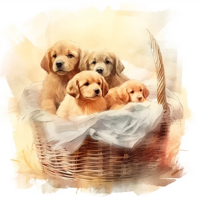 An artistic clipart of a cuddly dogs sitting in a basket during a tranquil afternoon, using the art style of watercolor, using type of medium traditional painting showing serenity to be displayed in the middle of a blank page –ar 16:9 –v5.1