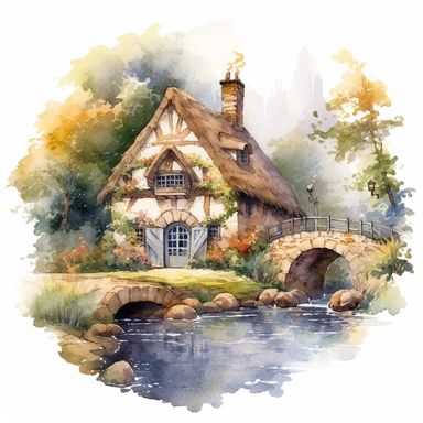 watercolor clipart artwork showcasing the beauty of an ancient medieval cottage surrounded by nature's tranquility. The cottage, situated alongside a calm and meandering river, features a charming waterwheel that turns gracefully, adding a touch of whimsy to the scene. The artist's meticulous attention to detail brings the rustic cottage to life, with textured stone walls, a thatched roof, and vibrant vegetation. Against a pure white background, the watercolor medium creates a soft and dreamy at