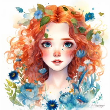watercolor Scottish princess Merida, long, curly red hair, bright blue eyes, flowers, clipart, white background, by Kawacy