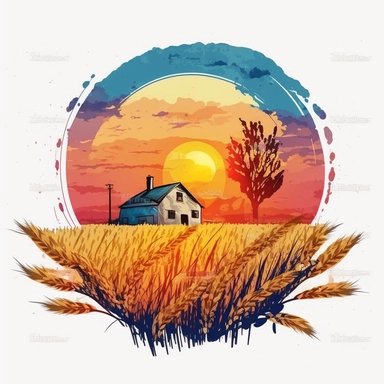 A clipart, A field of wheat crops with a country sunset in the background and a farmhouse, only one clipart, white background, vibrant colors, cartoon,style ghibli, hand drawn, watercolor