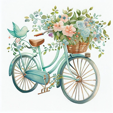 cute vintage bicycle with flowers clipart, watercolor, pastel blue aqua