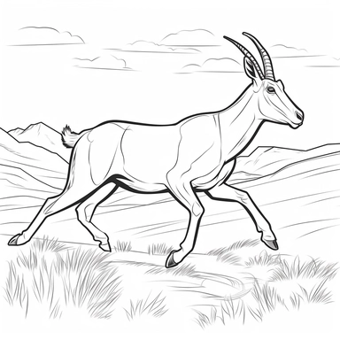 Draw a simple outline of a Saiga running fast in the steppe. The background should be a wide open space with some grass and rocks. Use bold lines and black ink on a white background to create a clipart-style image that is perfect for a children's coloring book. Make sure to leave some space for children to color. Black and white.