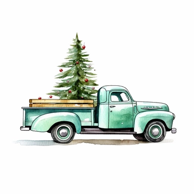 High resolution christmas tree put a long tree in the back of a pickup, grid, contemporary diy, white background, mixed patterns, realistic, scrapbook, high resolution, , style by Lucy Fleming, watercolor, smooth gradients, black contour outline, ultra de