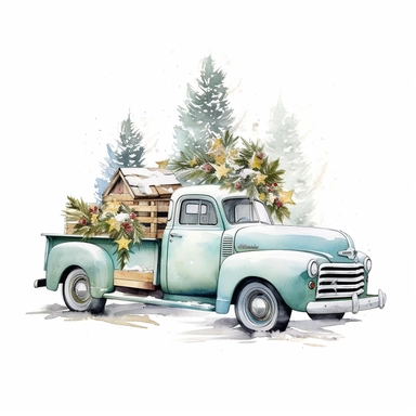 High resolution Let it snow, Beautiful decorated christmas tree in the back of a pickup, grid, contemporary diy, white background, mixed patterns, realistic, scrapbook, high resolution, , style by Lucy Fleming, watercolor, smooth gradients, black contour outline, ultra detailed, clipart elements, delicate pastel colors, solid white background, super clear, high quality