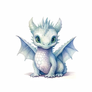 watercolor, white background, no text, clipart of the adorable white baby dragon in this clipart is a unique and enchanting creature. It has a small, plump body covered in soft, fluffy scales that glisten with a pearlescent sheen. Its round eyes, filled with curiosity, sparkle in shades of gentle blue. The dragon's tiny, delicate wings are beautifully detailed, featuring a feathery texture with hints of iridescent colors. This charming dragon stands on four short, chubby legs, each ending with t