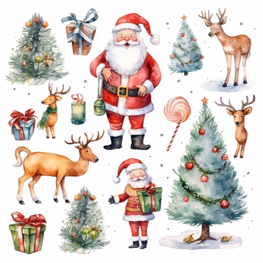 set of Water Color Santa Claus Christmas tree Gift - giving Reindeer Candy canes Stockings Snowflakes Gingerbread cookies Mistletoe Christmas lights Wreaths Snowman Christmas ornaments Yule log Christmas stockings Clipart