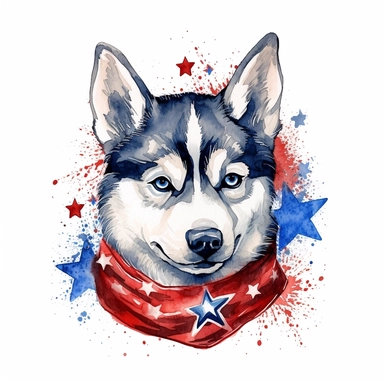 watercolor clipart illustration of a husky wearing a bandana, red white and blue, hand painted details, clean and simple designs, solid background color, spaced out