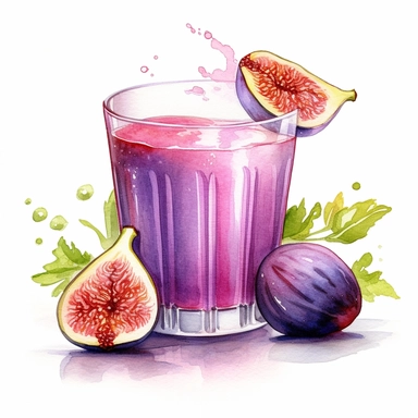 A unique and decorative watercolor illustration of a fig juice clipart, set against a pristine white background. The fig juice is depicted in a vibrant and inviting manner, with rich purple tones highlighting its luscious texture. The illustration showcases the fig juice pouring into a delicate glass, capturing the fluidity and movement of the liquid. Intricate details are added to the figs, featuring their distinct shape, texture, and tiny seeds. The white background accentuates the elegance an