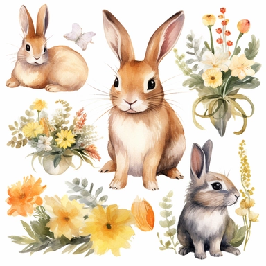 An endearing and captivating set of watercolor bunny floral clipart, consisting of an assortment of hand-painted bunnies nestled among a diverse array of colorful flowers and leaves. The artist demonstrates their mastery of the watercolor medium by depicting the bunnies' cute features, soft fur, and expressive eyes with intricate detail and fluidity. The clipart collection features an array of stunning blooms, including peonies, sunflowers, and wildflowers, that evoke a sense of serenity and nat