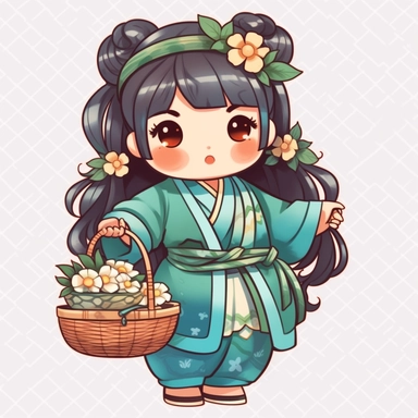 cute chubby girl wearing green and blue hanfu costume in cartoon style, in chibi style, carrying basket of flowers, transparent background, clipart