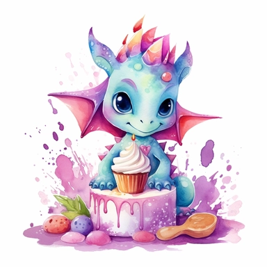 Cute happy Watercolor cake Baby Dragon Clipart, on a white background