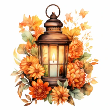 watercolor Vintage lantern surrounded by flowers, orange yellow and brown hues, autumn vibes, clipart on a white background