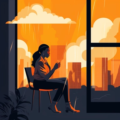 a woman who is worried sits next to a window, through the window we can see there is a storm brewing outside, do it in corporate clipart style