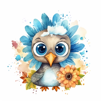 cute turkey clipart with big cute eyes painted in watercolour style, splashes, floral elements, white background