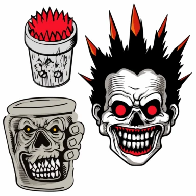 a set of black line clipart inspired by killer clowns income inequality and The Purge and Lego and Funko Pop toys