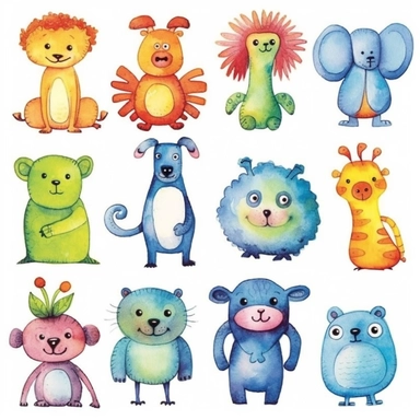 Create a clip art whimsical atmosphere in your children's book illustrations by drawing cute animals with a watercolor effect and playful patterns on a vibrant background. Add imaginative creatures and fantastical elements to the pages to bring your whimsical world to life and captivate young readers of all ages, isolated in white background.