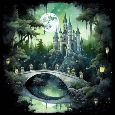 light watercolor Fantasy green Castles night scenery on the moon in the garden forest and bridges realistic clipart on black background