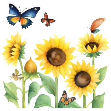 butterflies, bees and birds flying over a sunflower patch watercolor clipart no fonts no letters no words