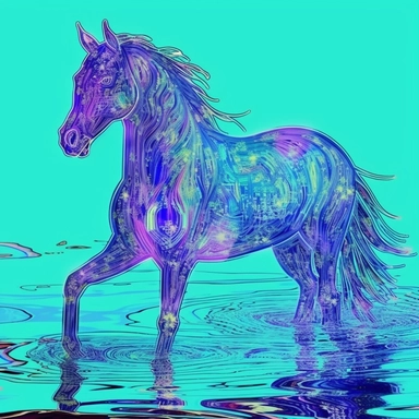 Create a clipart of an iridescent kelpie, a water horse, submerged in transparent blue water. The kelpie should have a shiny, metallic appearance with rainbow-like colors shimmering in the light. The horse should appear submerged in water, with the water rippling around it, giving the impression of movement. The background should be a plain, high-contrasted color to emphasize the kelpie's unique beauty. The style should be in a cartoon-like manner, with bold lines and bright colors to create a c