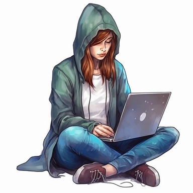 girl working on a laptop, cool hacker clothes, watercolor style, clipart solid white background