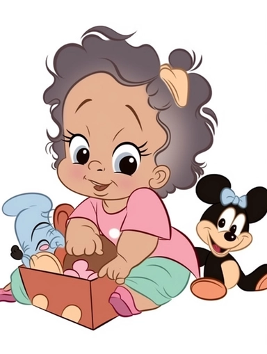 drawn as disney babies, in the art style of Disney babies clipart, sticker of [ cute baby girl wearing an apron and standing in the kitchen] disney pixar inspired painting , character design art by don bluth painting in the style of disney bold outlines and flat colors