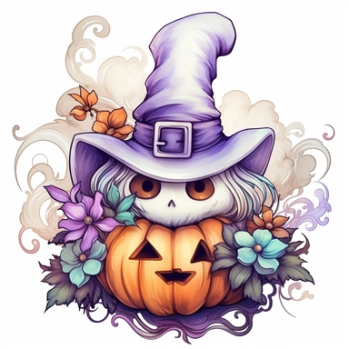 Cute Ghost wearing a Halloween hat, pumpkin, purple flowers, Halloween sublimation, watercolor, digital painting, highly detailed, realistic,style by Lucy Fleming, watercolor, smooth gradients, black contour outline, ultra detailed, clipart elements, delicate pastel colors, solid white background, super clear, high quality