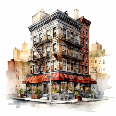 clipart de cafeteria de nueva york, acuarela, 16k, hiper minimalista, megapixel, full color, super detailed,insanely detailed and intricate, ultra detallado