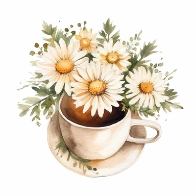 basic watercolor daisies in a cup of coffee top view in minimal hand drawn style, Etsy, textured, clipart, white background