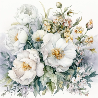 Bouguet of flowers peony white colour, Open Wide,a bouquet with a few peonies clipart with white background, unimaginable beauty,white with little pink details in the centre of the bloom,An illustration clipart painted by ann buccarelli, watercolour, combo pale colours, insanely detailed, on white background, amazing colour combo, with detailed watercolor bloom, white/ ivory/gold/ green, bec winnel, intricately textured, close up, walter Langley, lucy grossmith, heavy impasto technique, detailed