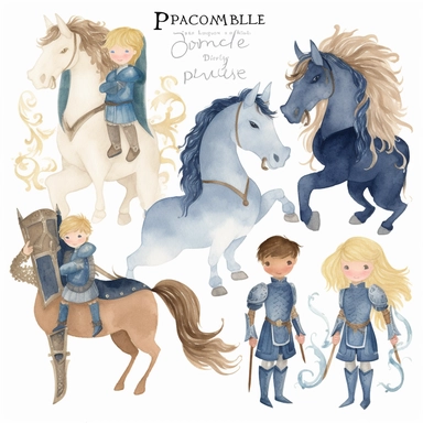 A watercolor collection by Penelope Whimsy, showcasing a playful and heartwarming clipart set of blue fairy tale prince characters in 5 diverse hair and skin colors, complemented by delightful details such as a shield, horse, dragon, prince crown, castle, knights, and armor, great for designing invitations, planner stickers, party printables, and embroidery projects. clipart
