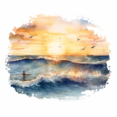 ocean view sunset, surfers riding on waves, watercolor, clipart, detailed , white background