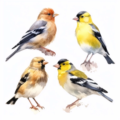 A charming watercolor clipart illustration of Finches, portrayed against a pristine white background. The artwork captures the beauty and diversity of these small songbirds, with their delicate bodies and colorful plumage. The watercolor technique adds a soft and whimsical touch to the illustration, with gentle brushstrokes that bring the birds to life. Each Finch is depicted with its unique combination of vibrant colors, showcasing the range of hues from yellows and oranges to greens and blues.